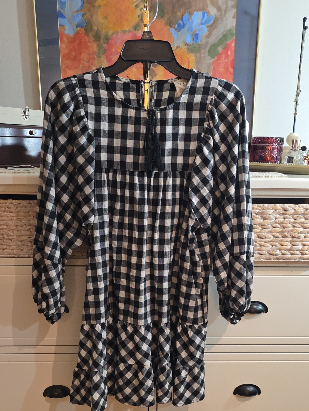 Hayden Girls Black White Gingham Tunic Ruffle Dress XL Tie Front Tassle Tiered
